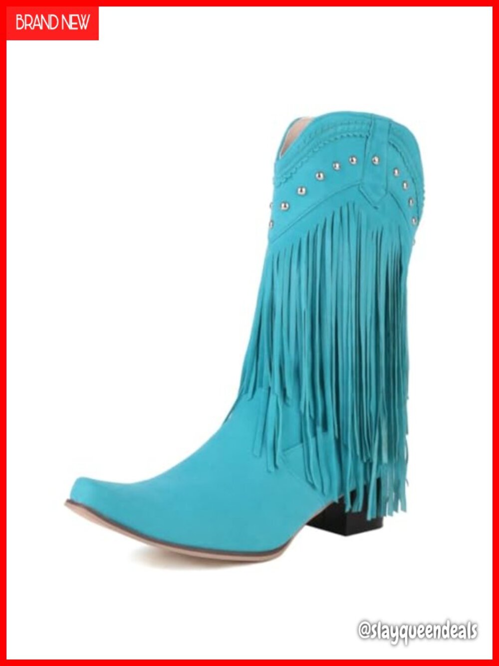 Mid Calf Fringe Boots Women Cowgirl Western Snip Toe Block Heel PullOn